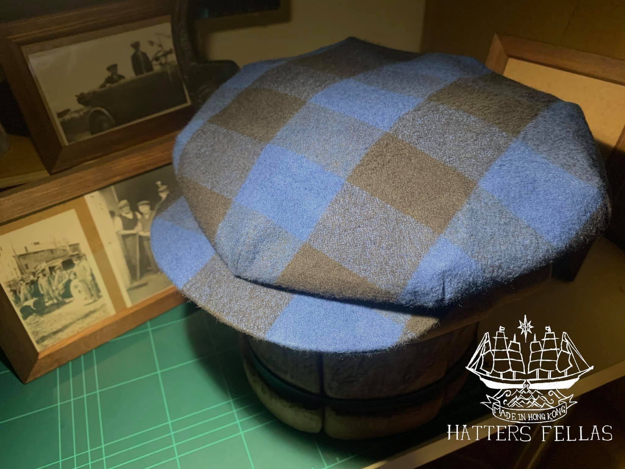 One piece 8-Dart Flat Cap, in USA Blue Checker Flannel