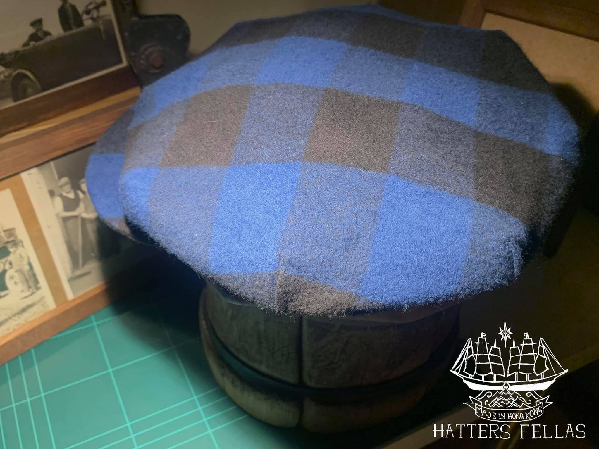 One piece 8-Dart Flat Cap, in USA Blue Checker Flannel