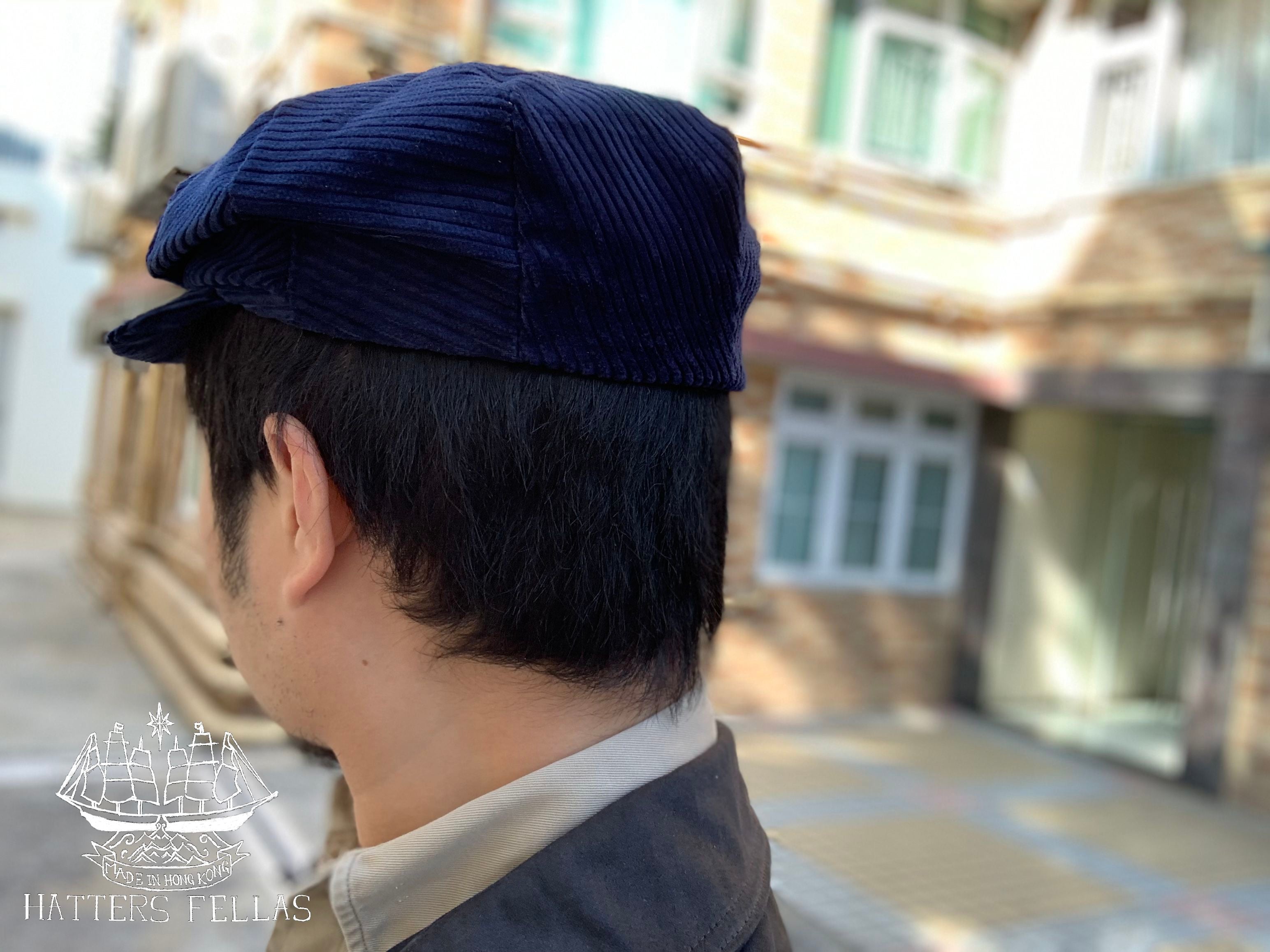 One piece 8-Dart Flat Cap, in Midnight Blue Corduroy (Custom Order)