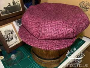 One piece 8-Dart Flat Cap, in Shaded-Pink Herringbone British tweed (Custom Order)