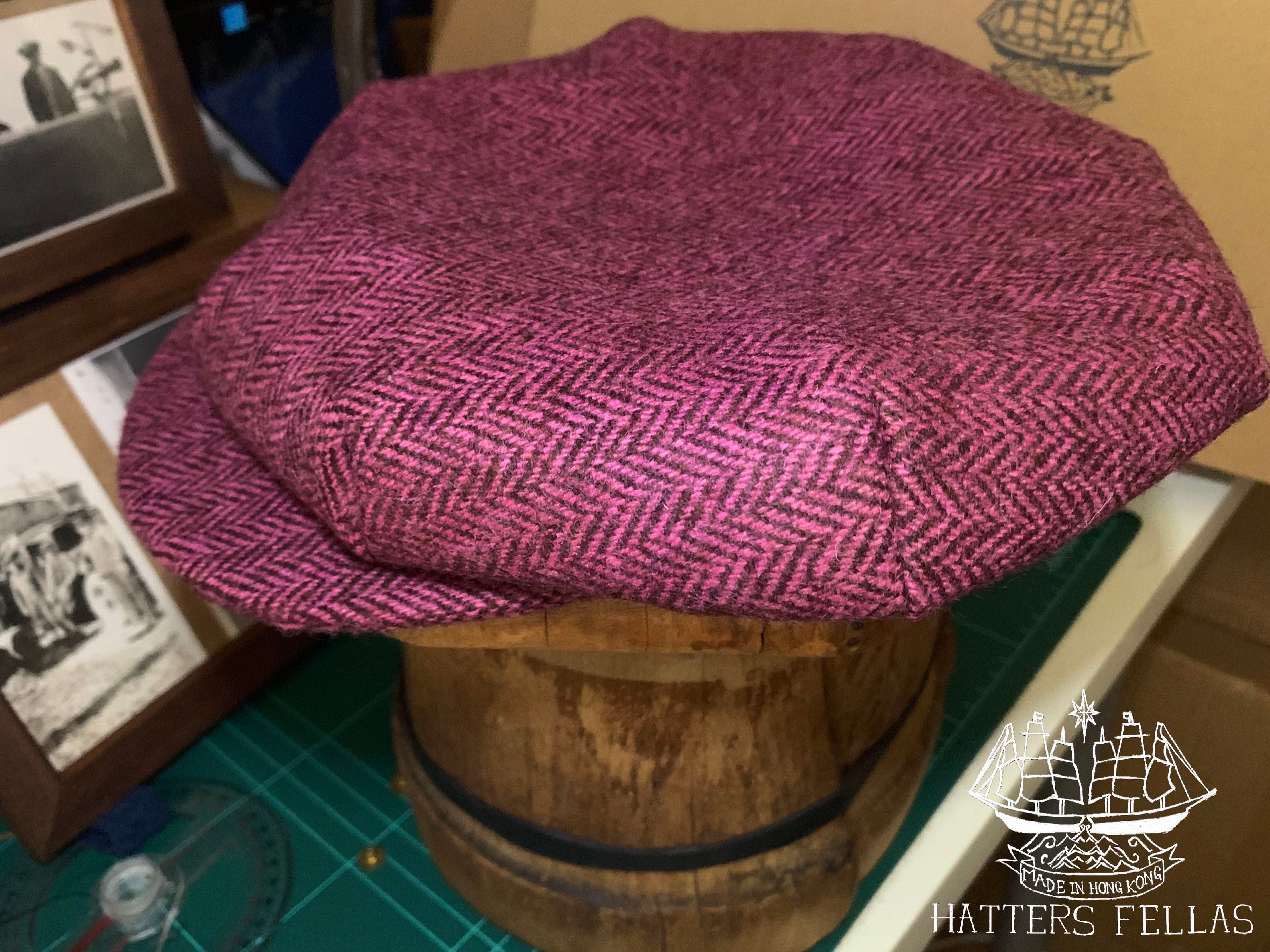 One piece 8-Dart Flat Cap, in Shaded-Pink Herringbone British tweed (Custom Order)